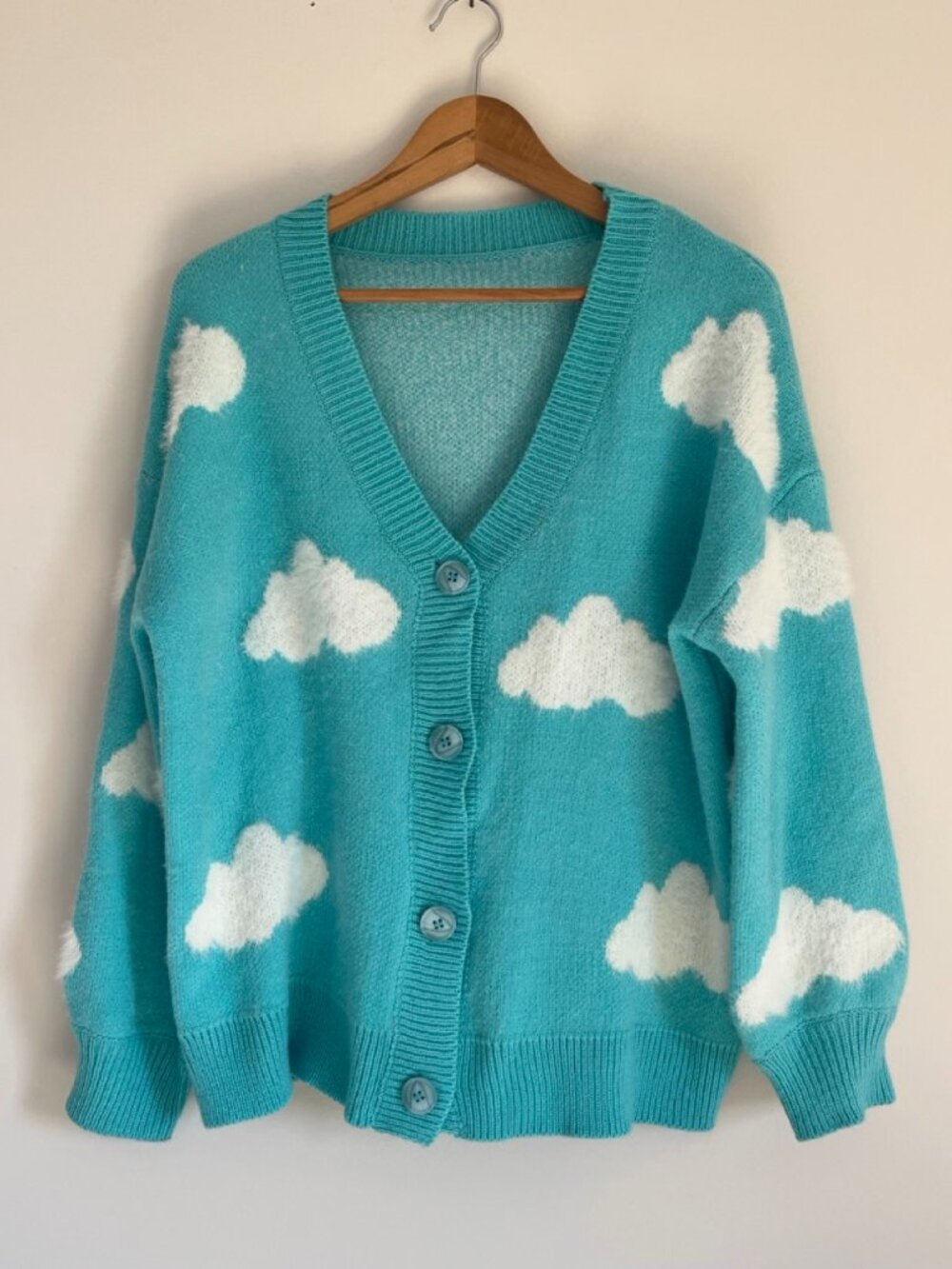 Teal Fuzzy Cloud Cardigan V-Neck Button Up Oversized Knit Sweater